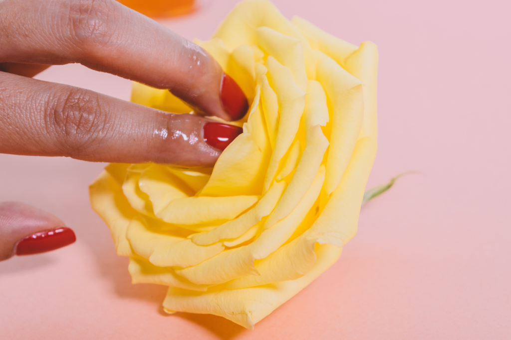 Dedos femininos tocando em uma flor.